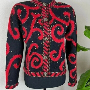 Vintage L•N•I Women’s Beaded Statement Sweater Size Small Red Black Gold